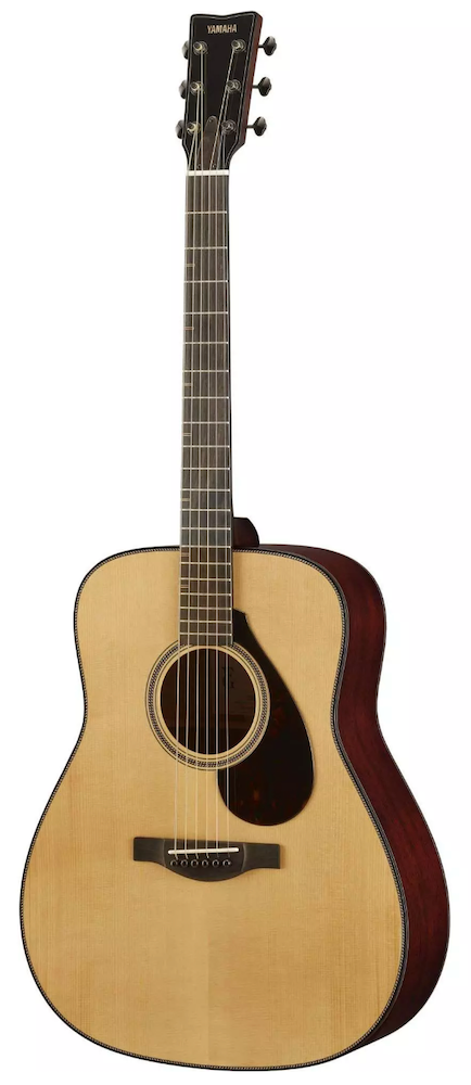 Acoustic guitar with a natural wood finish on a white background