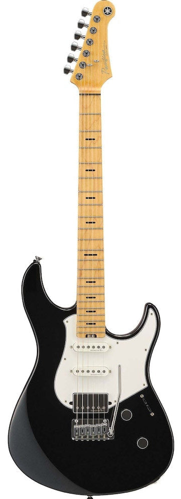 A Yamaha Pacifica Black Metallic electric guitar with a double-cutaway design, alder body, maple neck, and Gotoh locking tuners and bridge.