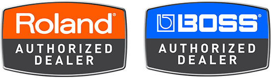 Two logos of Roland and Boss, both labeled as Authorized Dealers.