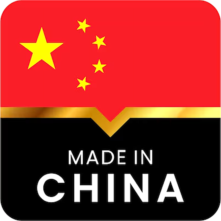 Logo with Chinese flag and 'Made in China' text on a red, black, and gold background